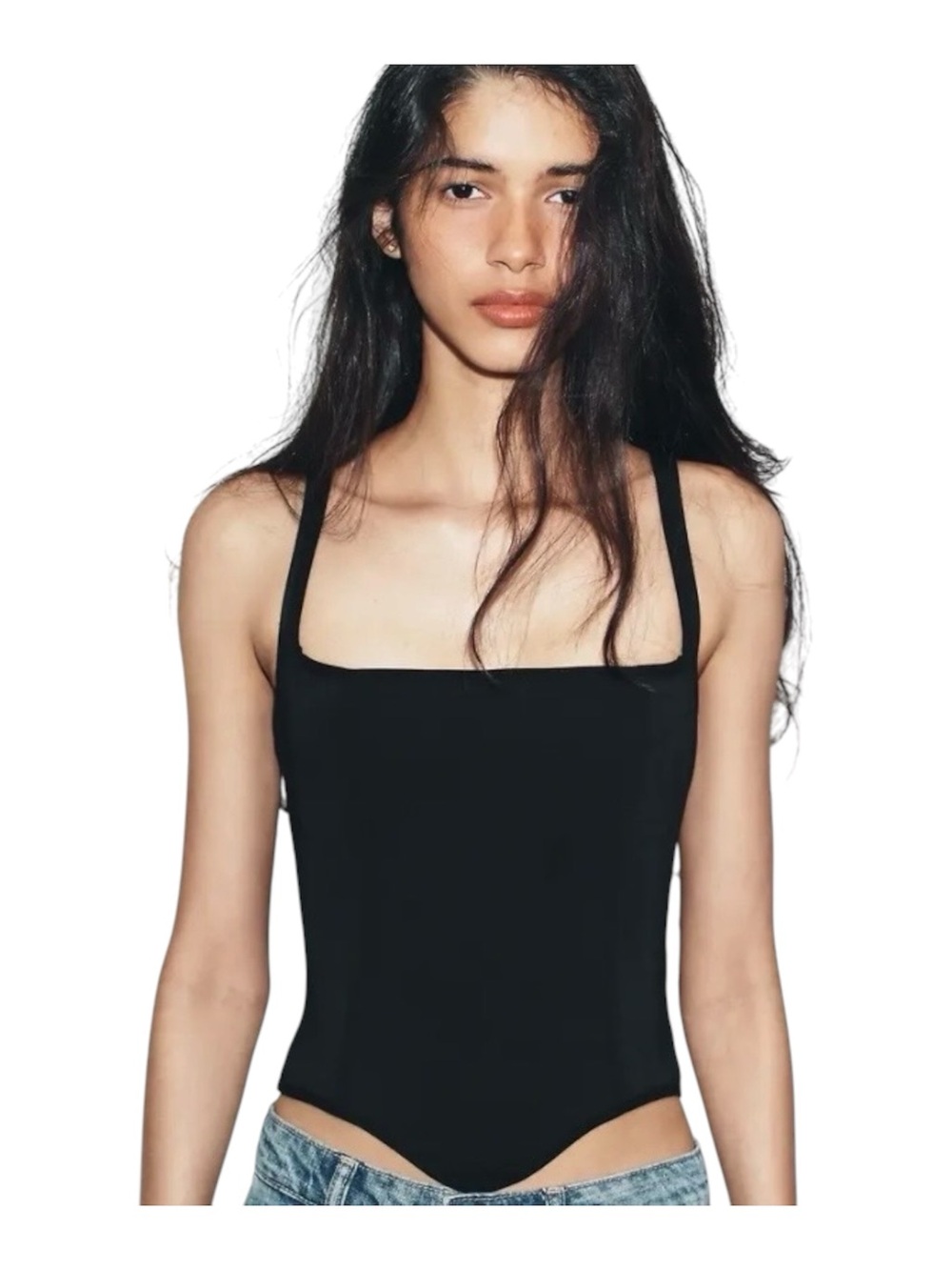 Zara Stretch Corsetry-Inspired Black Square-Neck Crop Tank Top Size M